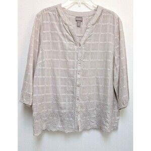Chico’s Womens Top XL Beige Sequin Embroidered V Neck Long Sleeve Blouse